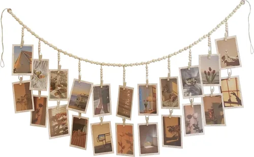 Exhibición de fotos colgante con 22 clips, guirnalda de cuentas de madera, marco de fotos de estilo bohemio para dormitorios, aulas, dormitorios