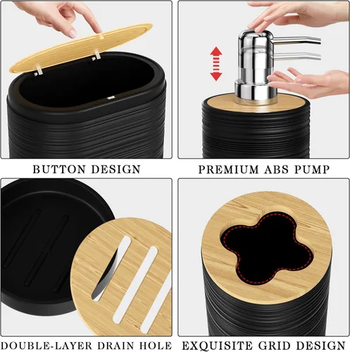 Miniatura 5 de XLHOMO Juego de 10 accesorios de baño color negro, juego de accesorios de baño de lujo con basura, cepillo de inodoro y 2 dispensadores de jabón