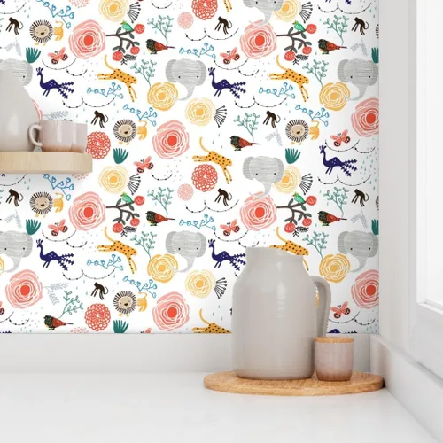 Miniatura 8 de Papel tapiz autoadhesivo de 12 x 2 pies – Flores de selva, elefante, guepardo, pájaro, mono, león, caprichoso, animales florales, habitación