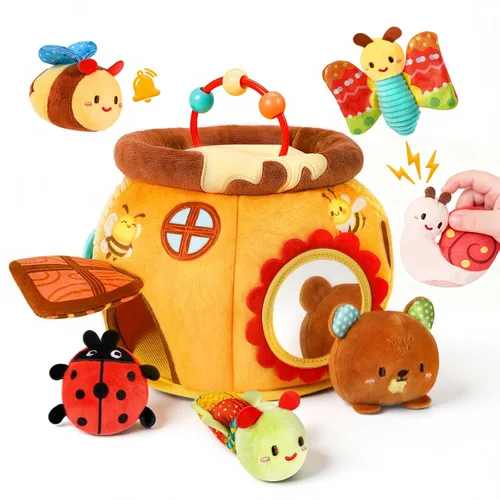 Juguetes para bebés de 6 a 12 meses, tarro de miel sorpresa con animales de peluche sensoriales, sonajero, crujiente, espejo, juguetes Montessori