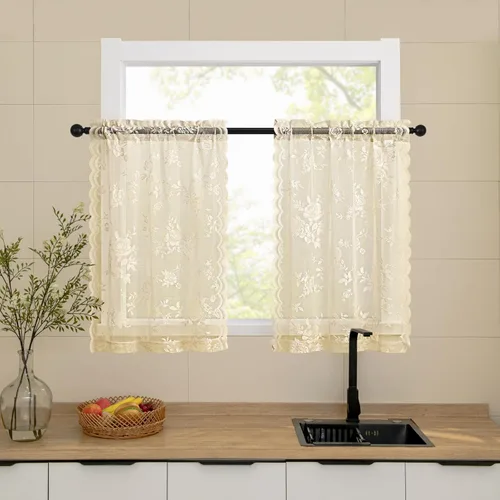 Cortinas de encaje beige, juego de 2 paneles de cortinas traslúcidas con bolsillo para cortinero, decoración de ventana pequeña, baño, sótano,