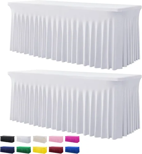 Miniatura 20 de Paquete de 2 manteles de spandex para mesas rectangulares de 8 pies, mantel elástico rosa de 8 pies, manteles ajustados, falda de mesa para fiestas