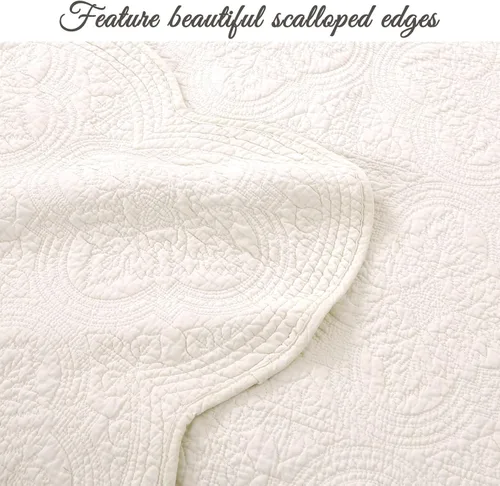 Miniatura 3 de Cozy Line Home Fashions Juego de edredón de ropa de cama acolchada matelassé en relieve con medallón blanco hueso de 100% algodón, colcha ligera