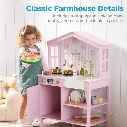 Miniatura 2 de Best Choice Products - Set de cocina de madera de simulación para niños con granja de madera, almacenamiento de juguetes, perillas que hacen clic