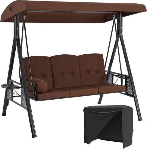 Miniatura 17 de AECOJOY - columpio de porche al aire libre con cubierta, columpios de patio de 3 asientos con toldo ajustable, columpio exterior para adultos