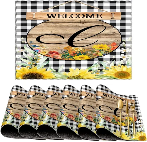 Miniatura 52 de Manteles individuales de bienvenida con diseño de girasol vintage con bandera R con inicial, 1 unidad, estilo granja, para mesa de comedor, cocina