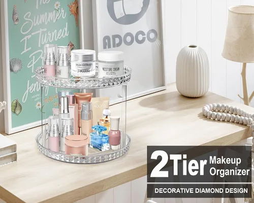 Miniatura 4 de Organizador de baño Lazy Susan de 2 niveles, organizador de maquillaje cosmético giratorio transparente de 360 grados para tocador, organizador