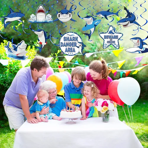 Miniatura 6 de Censen 30 piezas de remolinos colgantes de tiburón, suministros de fiesta de tiburón, remolinos de papel de aluminio de océano y mar, decoración
