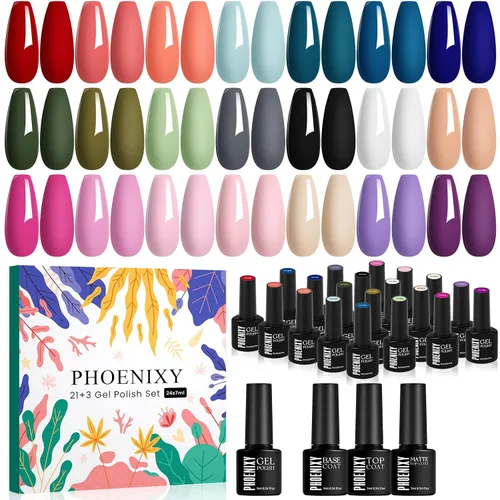 Miniatura 10 de phoenixy Juego de 24 esmaltes de uñas en gel, kit de uñas en gel removible de 21 colores, nude rosa rojo azul verde amarillo naranja, juego