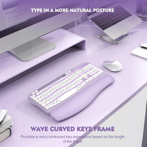 Miniatura 7 de Combo de teclado y mouse inalámbrico, teclado ergonómico de tamaño completo con teclas de onda, reposa muñeca acolchado, soporte para teléfono