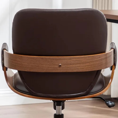 Miniatura 7 de Silla de escritorio de oficina en casa con ruedas giratorias, artesanía de nogal, respaldo y brazos curvos ergonómicos, piel sintética, altura