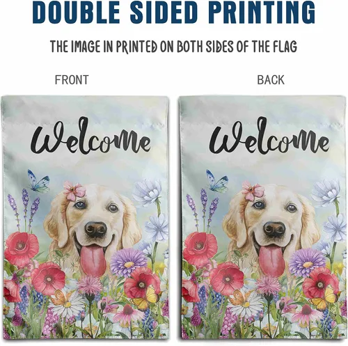 Miniatura 5 de Bandera floral de jardín Golden Retriever para jardín, banderas de bienvenida para exteriores de 12 x 18 pulgadas, bandera de perro de flores