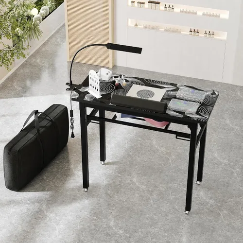 Miniatura 2 de Mesa de manicura plegable portátil con colector de polvo, escritorio de tecnología de uñas rodante con lámpara LED, reposamuñecas, ruedas