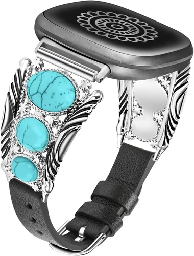 Minyee Correa de cuero compatible con Fitbit Versa 4/Versa 3/Sense 2/Sense Band para mujer, turquesa occidental, bohemio, vintage, vaquero, joyería