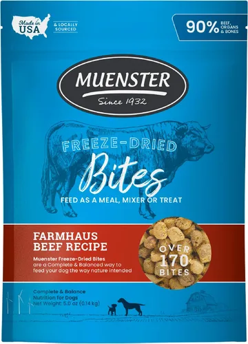 Muenster Bocados de carne liofilizados – Comida para perros, golosinas, batidora o adorno (5 onzas) – Sin granos