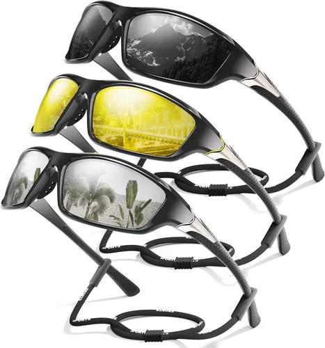Miniatura 28 de Paquete de 3 lentes de sol deportivos polarizados para hombres, gafas de sol masculinas envolventes con protección UV para ciclismo, pesca