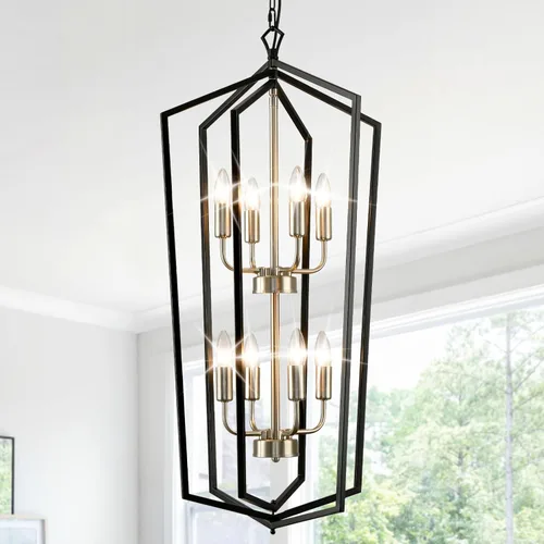 Miniatura 13 de WJShome 46 cm de diámetro Candelabro negro y dorado, lámpara de comedor estilo granja de 4 luces, lámparas modernas de vestíbulo, lámpara colgante