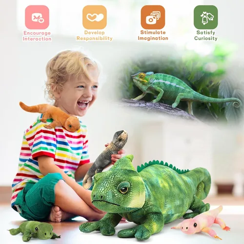 Miniatura 2 de MorisMos - Animales de peluche de lagarto, mamá camaleón gigante de 27 pulgadas con 4 lagartos bebés, juguetes para niños y niñas, mamá iguana