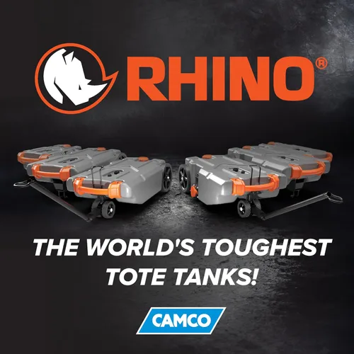 Miniatura 9 de Camco Rhino - Tanque portátil de 15 galones para RV - Cuenta con ruedas grandes resistentes a pinchazos y orificio de drenaje bajo - Incluye