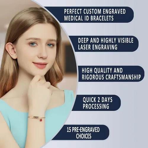 Miniatura 3 de Divoti Pulsera de identificación de alerta médica simple con cadena Rolo pre-grabada para mujer