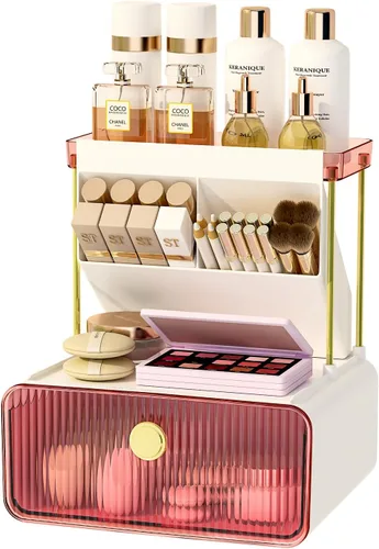 Miniatura 12 de FOLLOWIN Organizador de mostrador de baño con cajón, organizador para la parte superior de la cómoda con soporte para brochas de maquillaje, estante