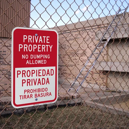 Miniatura 3 de SmartSign Letrero de metal bilingüe con texto en inglés "Private Property - No Dumping Allowed, Prohibido Tirar Basura" de 18 x 12 pulgadas