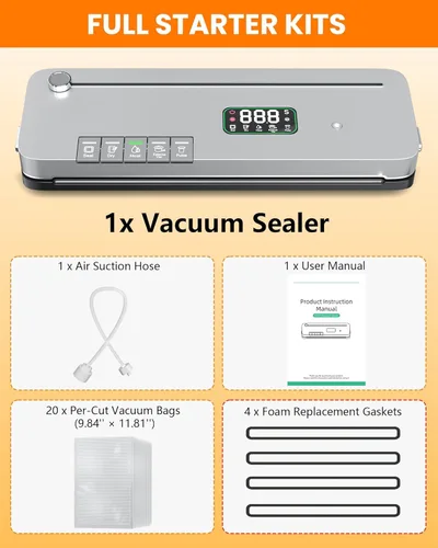 Miniatura 9 de Máquina selladora al vacío de alimentos, succión fuerte de 75 KPa, temporizador digital, cortador integrado, función de pulso, modos seco y húmedo
