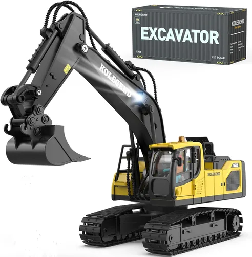 kolegend Excavadora de juguete con control remoto para niños, 2 baterías, excavadora de control remoto a escala 1/20 con pala de aleación, cabina