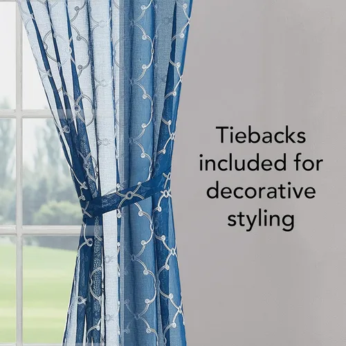 Miniatura 4 de Creative Home Ideas Cortinas transparentes (2 paneles, 38 x 63 pulgadas, azul), paneles de cortina geométricos bordados con alzapaños, cortinas