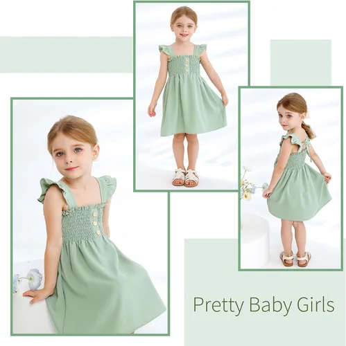 Miniatura 2 de JEELLIGULAR Vestido para niña pequeña, con volantes, sin mangas, con botones, vestido de verano para playa, casual, acampanado, vestido de verano