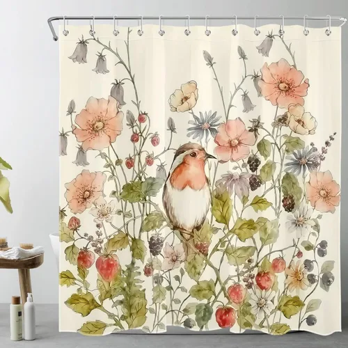 Miniatura 6 de Floral Shower Curtain Watercolor Flower Plant Leaves Strawberry on Beige Shower Curtains Aesthetic Botanical Birds Bathroom Curtain 60x70 Inch