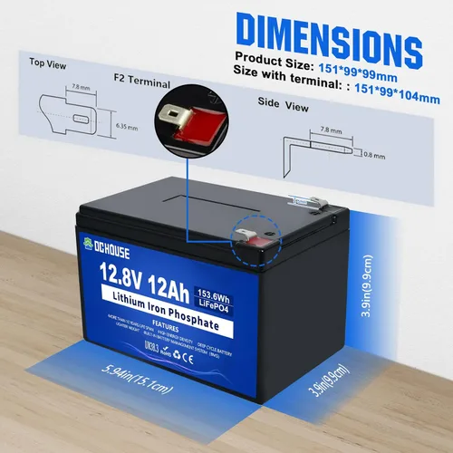 Miniatura 7 de DC HOUSE Batería de litio LiFePO4 de 12 V y 12 Ah con BMS de 15 A, vida útil de 10 años, más de 10000 ciclos, para marina, juguete de paseo