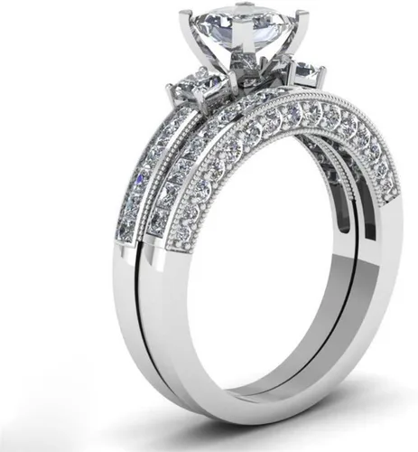 Miniatura 5 de Juego de anillos de boda de dos anillos para parejas, anillos a juego para mujer, 2 piezas, chapado en oro amarillo, cuadrado, circonita cúbica