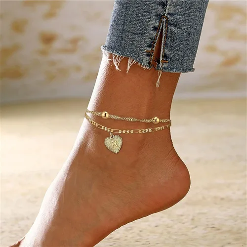 Miniatura 2 de Pulseras de tobillo con iniciales de corazón de 26 letras para mujer, 1 tobillera dorada de amor para mujer, cadena de pie en forma de corazón