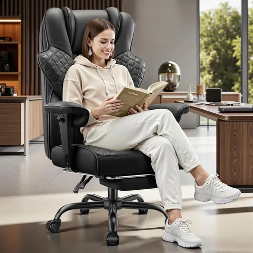 Miniatura 8 de FelixKing Silla de oficina grande y alta de 500 libras, silla de escritorio ergonómica con reposapiés, silla de computadora de piel sintética Negro