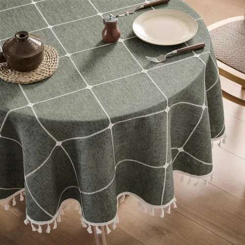 Miniatura 106 de ZeeMart - Mantel de mesa con diseño de cuadrícula boho y borlas (blanco roto, 132 cm x 132 cm), mantel de gran peso de lino a cuadros bordado