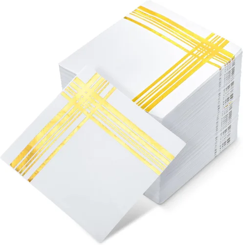 Mimorou 200 servilletas de cóctel doradas y blancas de 5 x 5 pulgadas, desechables para fiestas, servilletas elegantes a granel de 3 capas para