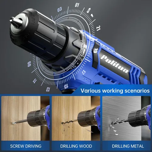 Miniatura 3 de PULITUO Taladro eléctrico de 20 V con batería y cargador, par de 30 N.m, 21+1 velocidades, 59 piezas de brocas y juego de tornillos (azul)