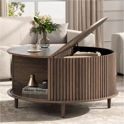 Miniatura 13 de JOINICE - Mesa auxiliar cuadrada con tapa elevable para sala estar u oficina en casa, con almacenamiento, compartimento oculto, estilo moderno Nogal