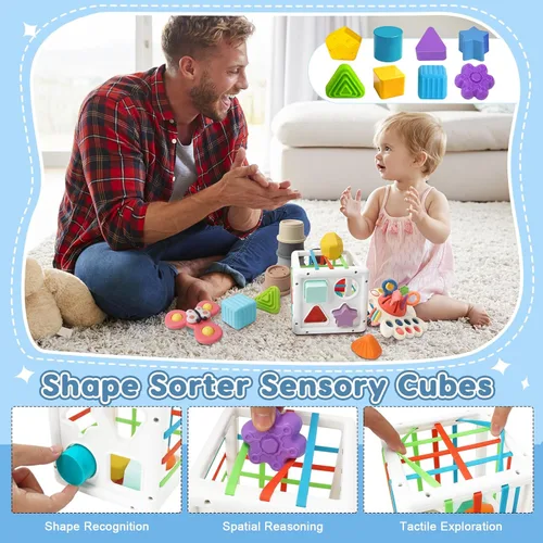 Miniatura 11 de Juguetes Montessori 6 en 1 para bebés de 6 a 12 meses — Juguete de cuerda de jalar, cubo sensorial, tazas apilables, caja de pañuelos, girador