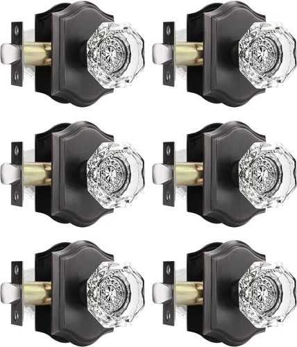 Miniatura 26 de Gobrico Paquete de 5 pomos de puerta de cristal de paso en latón antiguo para pasillo, armario, lavandería, forma octágono transparente, sin llave