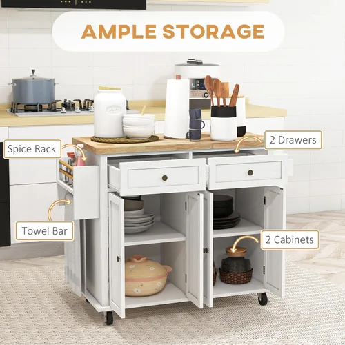 Miniatura 3 de HOMCOM Carrito de Isla de Cocina con Superficie de Madera de Caucho, Mesa de Isla de Cocina Rodante sobre Ruedas con Cajones, Estantes Ajustables