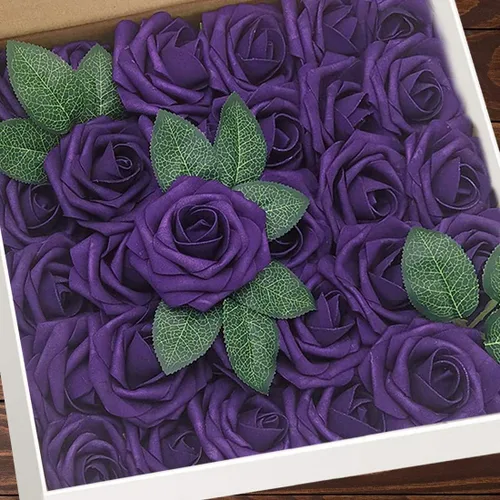 Miniatura 20 de Higfra Flores artificiales, 25 rosas falsas de espuma de aspecto real con tallos para ramos de boda, centros de mesa de despedida de soltera, Brillo