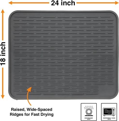 Miniatura 3 de Tapete de secado de platos de silicona XXL para encimera de cocina o debajo del fregadero, 24 x 18 pulgadas, extragrande, tapete impermeable