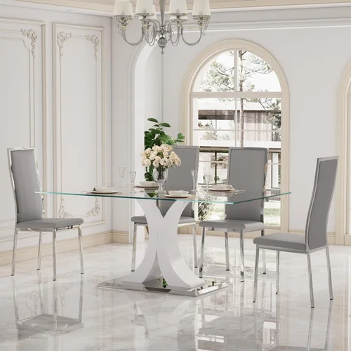 Miniatura 17 de Moderno juego de mesa de comedor rectangular de vidrio para 4, 63 pulgadas, mesa transparente de cocina de lujo con base negra y dorada, 4 sillas