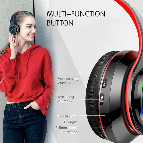 Miniatura 4 de Auriculares Bluetooth sobre la oreja, auriculares con luces LED y micrófono incorporado, ligeros, Bluetooth 5.0, auriculares HiFi estéreo