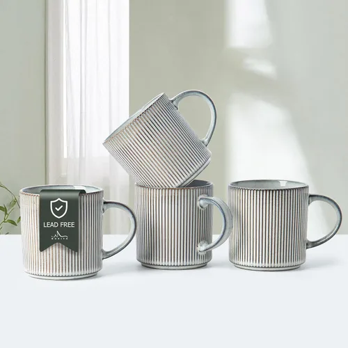 Miniatura 10 de MONITO Juego de 6 Tazas de Café de 16 Oz, Juego de Tazas de Café de Cerámica Rústica con Mango Grande, Vintage, Tazas de Café de Gres Rayadas
