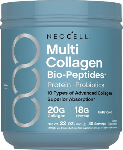 NeoCell Polvo de biopéptidos multicolágeno | 22 onzas | Avanzado con ácido hialurónico y vitamina C | 10 súper tipos de colágeno | Absorción