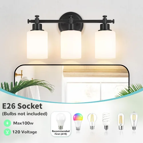 Miniatura 2 de Lámparas de baño negras de 3 luces, modernas luces de tocador sobre el espejo, apliques de pared de baño con pantalla de vidrio blanco, enchufe E26