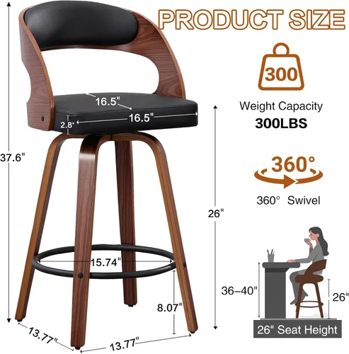 Miniatura 2 de VipDesk Taburetes de bar giratorios, Taburetes de bar de altura de mostrador de nogal con respaldo y brazos, Taburetes de bar tapizados modernos